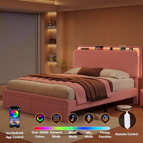Image of Feonase Queen Upholstered Bed Frame with Headboard and 2 Storage Drawers, Built-in Charging Station, Velvet Platform LED Bed with Solid Wood Slat Support, No Box Spring Needed, Pink