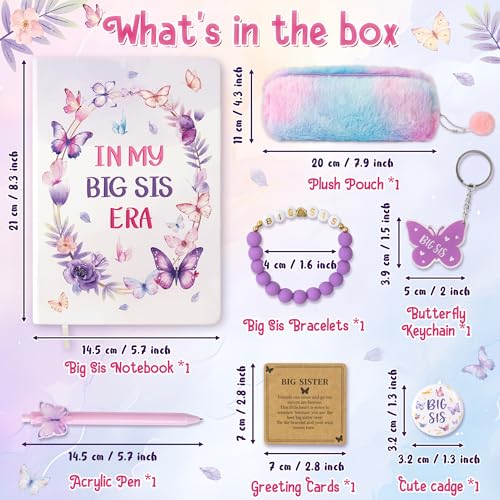 CY2SIDE Big Sister Gifts for Girls, 7PCS In My Big Sis Era Announcement Set Include Butterfly Notebook Pen Plush Pouch Keychain and Greeting Card, Charm Birthday Gifts for New Sibling Arrival Age 2-8 - image 2
