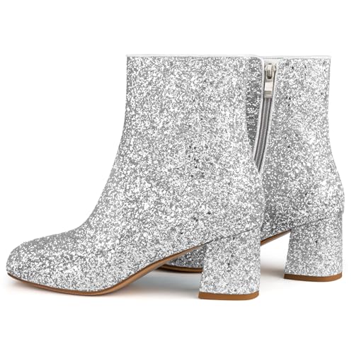 MISSMILLER Women's Glitter Ankle Boots Sequin Sparkly Booties Block Heel Side Zip Zipper Wedding Party Dress Shoes2