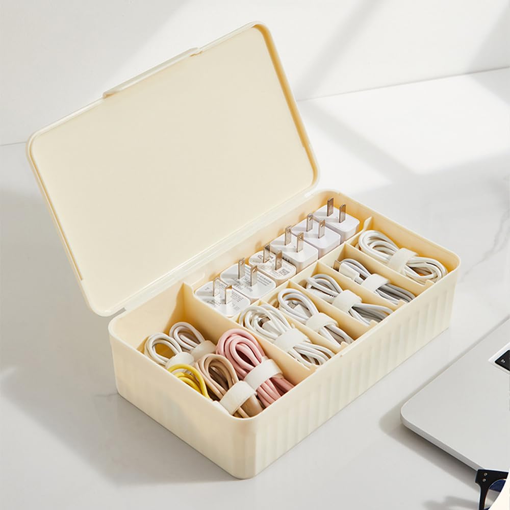 Cable Organizer Box with Dividers - Large Capacity Data Cable Storage Case with Lid, Cable Tidy Box Includes Cable Ties and Label Stickers for Chargers, USB Cords, Desk Accessories (Solid White)