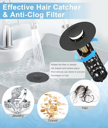 Image of QYHNYJF Upgraded Bathroom Sink Stopper with Hair Catcher - Universal Pop-Up Drain Plug, Stainless Steel & Silicone Seal for 1.1-1.5 Inch Drains, Matte Black Finish (Matte Black)