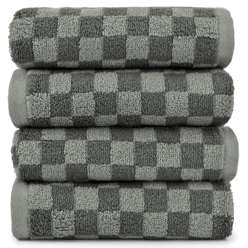 Image of Soft Hand Towels 4 Pack, Grey Checkered Face Towel Set for Bathroom Kitchen | Decorative Quick Dry Towel 13x29 Inches