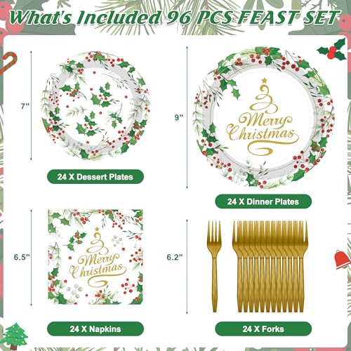 QZYL 96 Pcs Christmas Plates and Napkins Sets, Disposable 9" and 7" Merry Christmas Plates Sets Serves 24, Paper Green Gold Xmas Dinnerware Set Party Supplies for Xmas Winter Dinner Dessert Party – Image 3