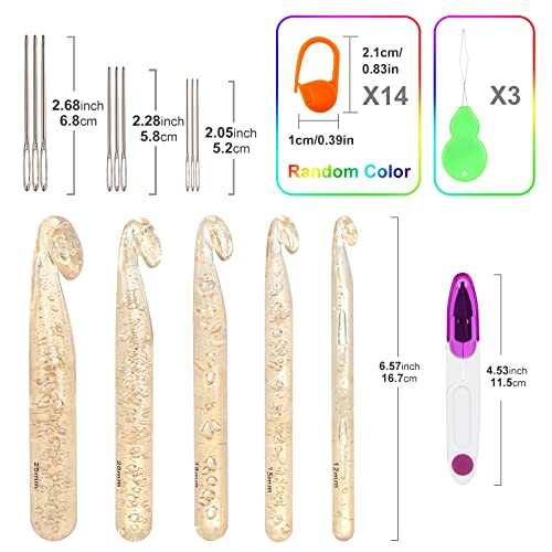 Image of Vodiye 5 Sizes Large Crochet Hooks 12mm-25mm, Ergonomic Crochet Hook Set, Transparent Hooks for Chunky Yarn and DIY Crafts
