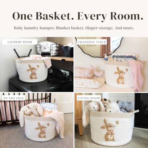 Image of Bunny Baby Storage Basket, Woven Cotton Rope Nursery Bin, 15x11 in | Stuffed Animal and Blanket Storage, Embroidered Bunny Patch, Neutral Nursery Decor, Baby Shower, Playroom Organizer