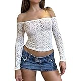 Women Y2k Lace Long Sleeve Top See Through Mesh Crop Top Floral Slim Fit Off Shoulder Top Tee Shirts Blouse Streetwear (O-Autumn Top White, S)