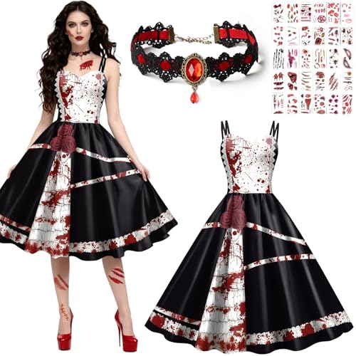 Taechalingo Halloween Kleidung mit blutigem Aufdruck,Halloween Kleid Damen,Kleid mit Blutigem Aufdruck,Blutiges Zombie...