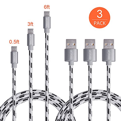 OfsPower 3Pack 0.5ft 3ft 6ft Nylon Braided Micro USB Syncing and Charging Data Cable with Aluminum Connector for Android, Samsung Galaxy, HTC, Nokia, Sony and Other Tablet Smartphone (Grey)