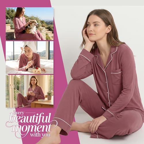 Image of HEARTNICE Womens Pajama Set, Soft Long Sleeve Pajamas & Long Pants with Pockets, Button-up Sleepwear Lounge Pjs