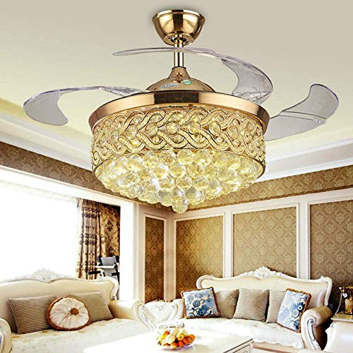 Southerns Lighting Invisible Crystal Ceiling Fans with Light 42 Inch Retractable 4 Blades Modern Folding Fan Chandelier Remote Hanging Fan Lights for Bedroom Indoor Ceiling Light with Fans (Gold-04)