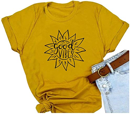 Good Vibes Shirt for Women Short Sleeve Funny T Shirts Sunflower Graphic Tees Print Cute Summer Tops (Yellow,S)