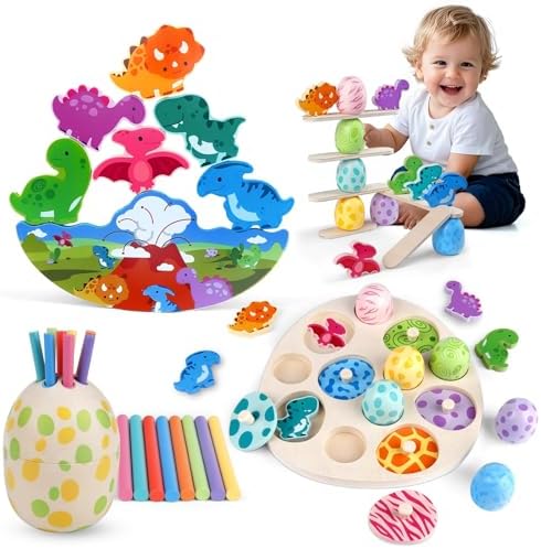 Montessori Dinosaur Toddler Toys Wooden Puzzles Gift for Ages 1 2 3 4 Year Old Kid Boys Girls Animal Dino Egg Toys, Wooden Blocks Stacking Sorting Toddler Fat Brain Easter Gift Preschool Learning