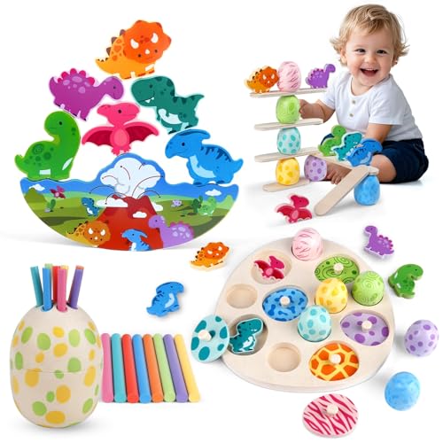 Image of Montessori Dinosaur Toddler Toys Wooden Puzzles Gift for Ages 1 2 3 4 Year Old Kid Boys Girls Animal Dino Egg Toys, Wooden Blocks Stacking Sorting Toddler Fat Brain Easter Gift Preschool Learning