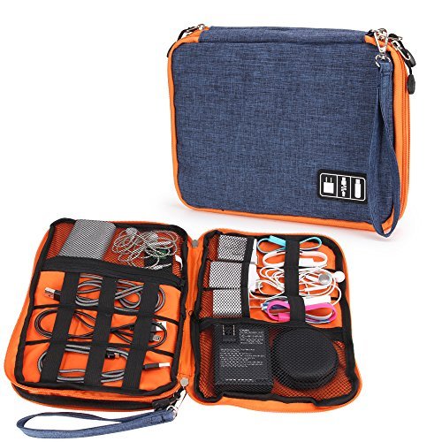 Electronics Travel Organizer, Double Layer Travel Gear Organizer Electronics Accessories Bag for iPad Sumsung Tablets and Lightning Cable USB Cable Adapter Dark Blue