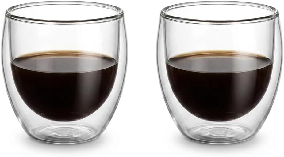 Double Walled Glass Coffee Mug Cups, Set of 2 Hollow Vacuum Sealed Cappuccino Latte Macchiato Glasses, Hand Made, Heat Resistant, Microwave Safe, 280ml/9oz Cup