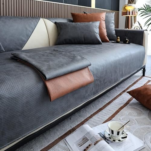PU レザー ソファーかばーマルチカバー オールシーズン 滑り止め ソファカバー 猫キズ防止 ジャカード カウチ ベッドカバー -暗灰色-28*71inch Rectangular (70*210cm,グレー)
