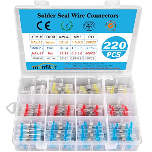 Upgraded Low Heat Shrink Connectors 220Pcs Solder Seal Wire Butt Connectors Self-Solder Waterproof Wire Connector AWG 10-26 Solder Seal Connector for Car Boat Watercraft Truck Kitchen Bathroom Wire