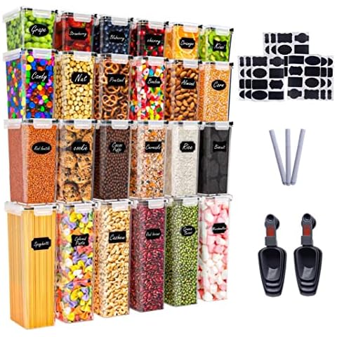 Caramont 24 Pieces Food Storage Container Set, Kitchen & Pantry Organization, BPA-Free, Plastic Canisters with Durable Lids Ideal for Cereal, Flour , Sugar -72 Labels, 3 Marker,8 Spoons included Cover