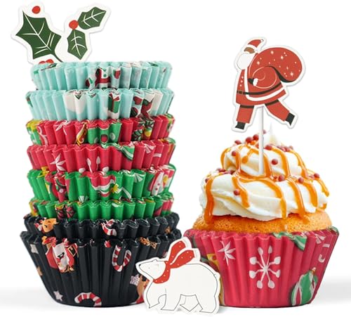 Bake Choice クリスマスマフィンカップ 200枚 8号丸 12個トッパー付き ベーキングカップ グラシンカップ 使い捨て 紙製 耐熱 防水 耐油 電子レンジ オーブン対応 DIY 製菓用品 シリコンコーティング (クリスマス 8号丸)