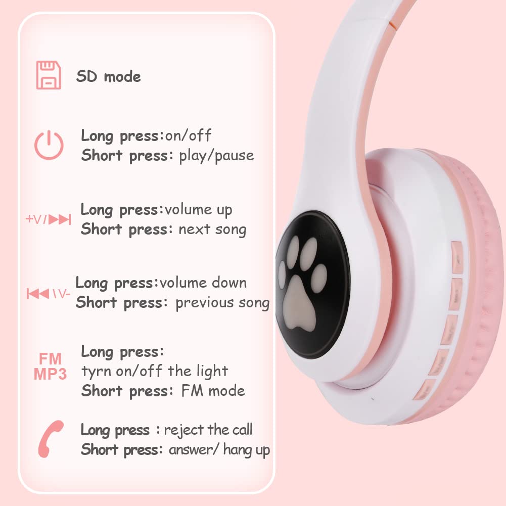 AXFEE Cuffie Bluetooth per Bambini, LED Cuffie Cablate/Wireless con Orecchio di Gatto, Pieghevole Audio Stereo HD Over-Ear Cuffie per Studiare/Viaggiare, 105dB Volume Limited, Bluetooth 5.0 Version