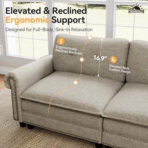 Image of SUNSHINE VALLEY Modular Sectional Sofa Set Living Room 2-Piece Deep Seats | Mid-Century Modern 5-Seater Cloud Couch Set, Light Grey, Rolled Arms & Nailhead Trim, Wider Seats, Soft Linen Furniture Set