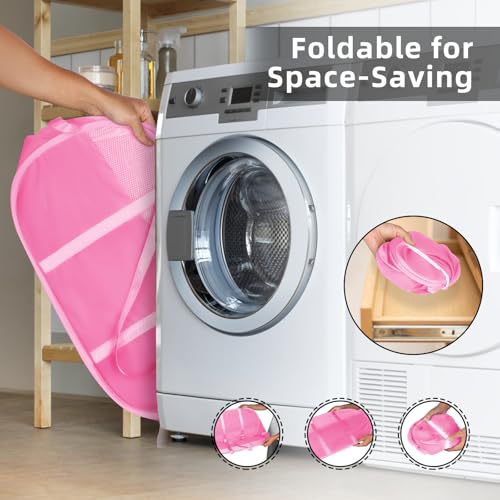 Image of Collapsible Laundry Baskets, Tear Proof Pop Up Laundry Hamper with Dual Handles, Durable Foldable Laundry Basket, Easy to Carry Laundry Hamper for Home, Laundry Room, Bedroom, Dorm, Travel Pink