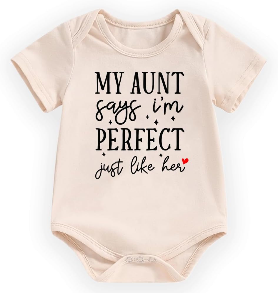 hrcfbk My Aunt Says I'm Just Perfect Just Her Funny Baby Bodysuit Short Sleeve Romper Jumpsuit Auntie Baby Clothes(Beige Aunt,0-3 Months)