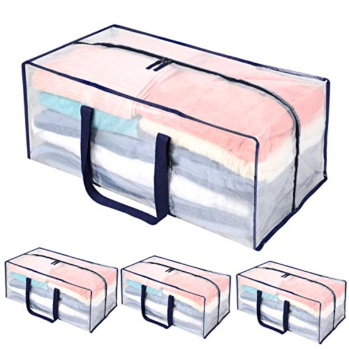 VENO Lot de 4 Sac de Rangement Extra Larges et Résistants, Fermeture Eclair, Déménagement, Sac Rangement Vêtement, Grand Sac de Voyage XXL, Sac Déménagement, Durable (Transparent - Lot de 4) Cover