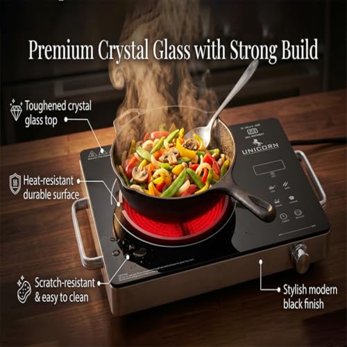 Image of Unicorn Crystal Infrared Cooktop 2200W | Temperature Control | Touch Panel | High Energy Efficient | Strong Handle | Works with ALL Utensils | Compatible with all Cookware (Black)