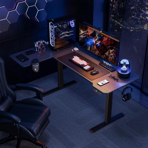 Image of Acrolix L Shaped Electric Standing Desk - 43x31.5 Inch Reversible Corner Sit Stand Desk with Hook&Cup Holder,Electric Height Adjustable Table,for Small Home Office&Bedroom Computer Desk, Black Carbon