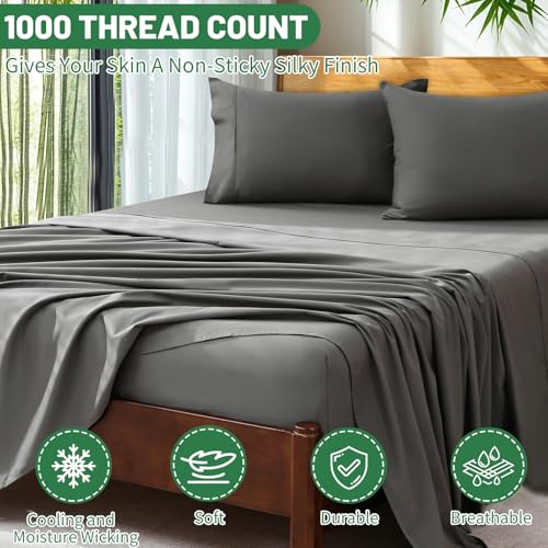 Image of Extra Deep Pocket King Sheets 18-24 Inch 100% Egyptian Cotton 1000 Thread Count Sateen Weave Soft Breathable 4 Pieces(King,Dark Grey)
