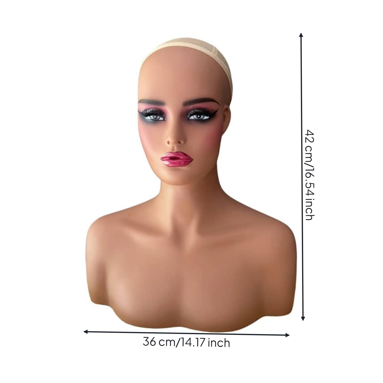 Qianly Testa di Manichino Femminile Realistica lineamento Facciale Definito, perficie Liscia in PVC, Busto Espositivo per Accessori per Capelli