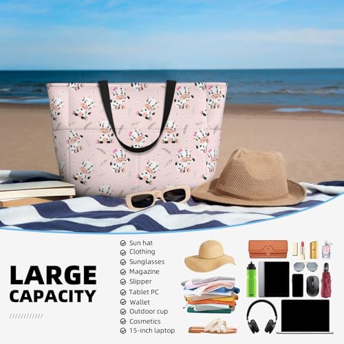 Large Beach Bags Water-resistant Sandproof - Casual Cute Cow Flower Leaves Cute Beach Tote Bags for Women with Zipper4