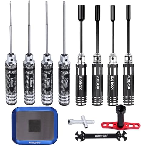 HobbyPark Hex Driver Set (1.5mm 2.0mm 2.5mm 3.0mm), Hex Nut Driver Set(4.0/5.5/7.0/8.0mm) Screwdriver Kit, 17mm Wheel Wrench, RC Screw Tray, Turnbuckle Wrench, RC Repair Tools Kit for RC Cars Cover