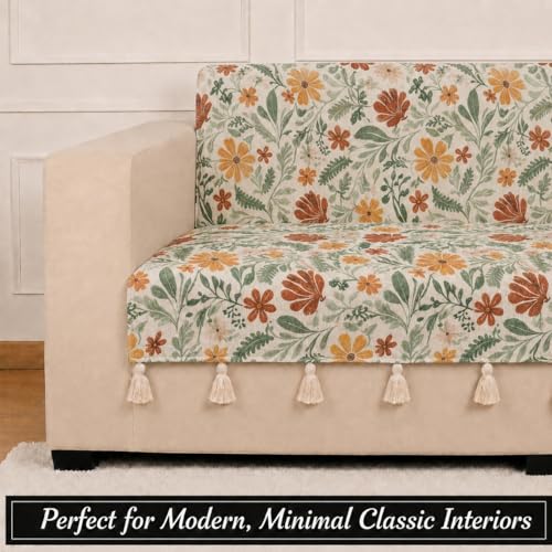 Image of STITCHNEST 'Eden Weaves Collection Series' 1 Seater Sofa Cover - Full Coverage| Elegant Woven Fabric, Decorative Tassels, Washable & Durable for Modern Living