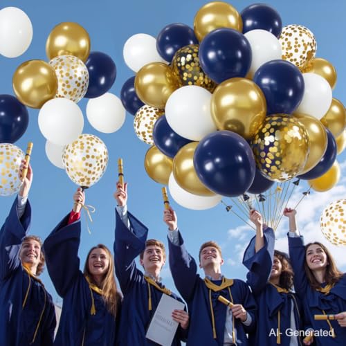 Image of Zesliwy Navy Blue Gold Confetti Balloons Set,50pcs 12inch Royal Dark Blue Metallic Gold White Latex Balloons with Ribbon for Birthday Wedding Graduation 2026 Bridal Shower Party Decorations