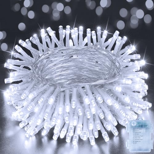 Hopexy Batterie Lichterkette, 10M 100 LEDs Lichterkette Batteriebetrieben mit Timer, Wasserdicht Kaltweiß Lichterkette mit 8 Modi/Innen Außen für Schlafzimmer Hochzeit Garten Dekorationen