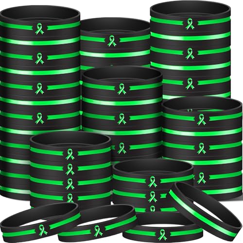 Hiboom 100 Pcs Mental Health Awareness Silicone Bracelets Green Ribbon Rubber Bracelets Motivational Bracelet Unisex for Men Women Mental Health Awareness Month Gifts