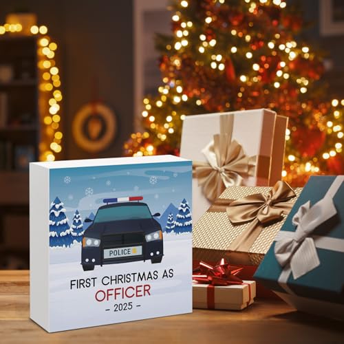 Image of Christmas Decor, First Christmas as Officer Wood Box Sign, Gifts for New Cop Future Police Officer, Xmas Police Home Office Decorations for Desk Table Shelf 5 X 5 Inches