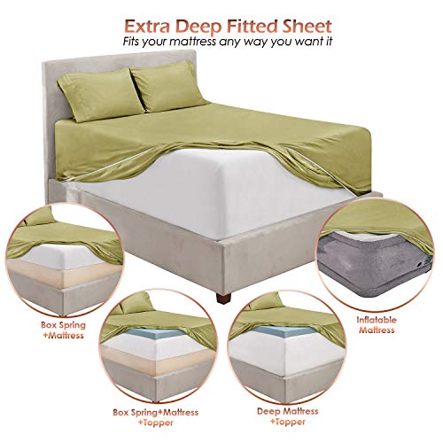 Image of Hearth & Harbor Extra Deep Pocket Split King Sheets - 5 Piece Hotel Luxury Bed Sheets Set Fits Up to 24 inch Mattress - Soft & Breathable Luxury Split King Bed Sheet Set, Split King, Sage Olive Green