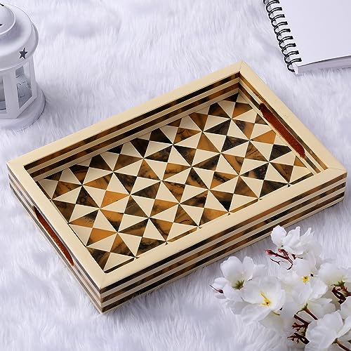 Image of Handicrafts Home Handmade Resin Inlay Decorative Ottoman Serving Tray,12x8 | Handmade with Bone Inlay with Built in Handles, Tray for Coffee Table, Centerpiece, Vanity, Boho Home Decor