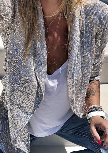 GRASWE Women's Sequin Shiny Blazers Open Front Blazer Long Sleeve Lapel Blazer2