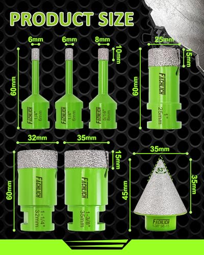 Image of Diamond Core Drill Bits Set - Tile Hole Saw Kit 6 /6 /8 /25 /32 /35mm with 35mm Diamond Beveling Chamfer Bit for Porcelain Ceramic Tile Granite Marble