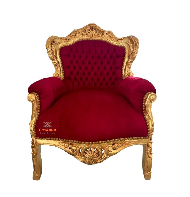 CasAmin Home & Living Fauteuil rouge style baroque rococo Louis XV en velours bordeaux et finition dorée pour la décoration intérieure