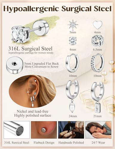 SAILIMUE 8Pair Hypoallergenic 14K Gold Plated Flat Back Earrings for Women - image 7