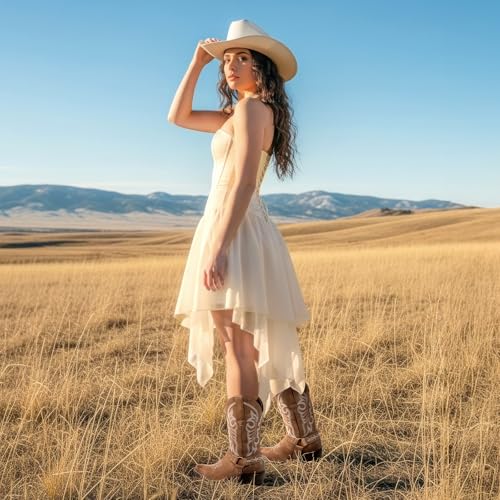 Image of J's.o.l.e Women's Square Toe Cowgirl Cowboy Boots Mid Calf Western Riding Boots with Fashion Buckle Strap
