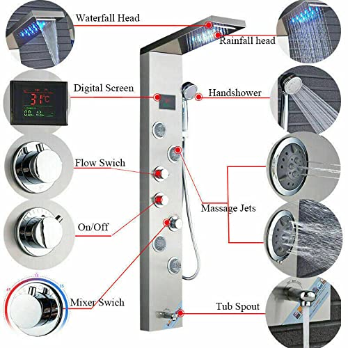 Columna de Ducha con Panel LED y Chorro Lluvia, Acero Inoxidable SUS304, con Masaje Corporal y 5 Modos miniatura 2
