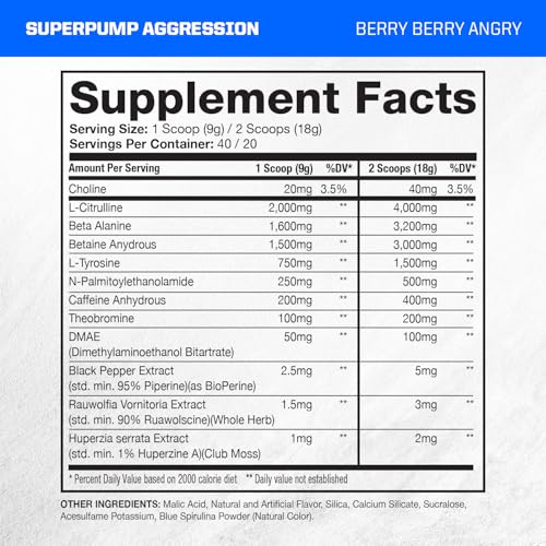 Image of Gaspari Nutrition SuperPump Aggression Pre-Workout: Energy, Focus, Endurance, Recovery, Creatine and Caffeine (40 /20 Servings, Berry Berry Angry)