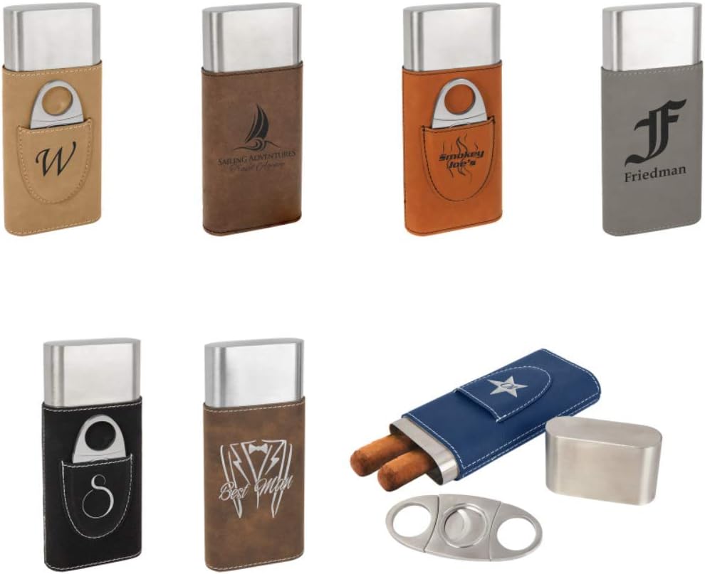 Personalized Cigar Holder Case and Cutter - Custom Engraved and Monogrammed (Black-Silver Front & Back)
