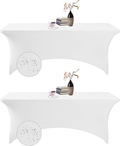 Paquete de 2 fundas de mesa impermeables de elastano de 6 pies, de elastano, impermeables, para fiestas, bodas, banquetes y eventos (blanco)
